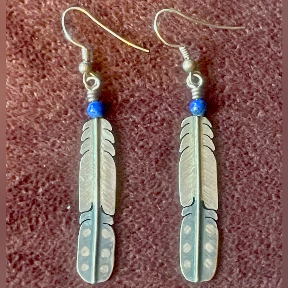 Sterling Silver Sacred Eagle Feather Lapis Earrings NativeAmerican David Kuticka